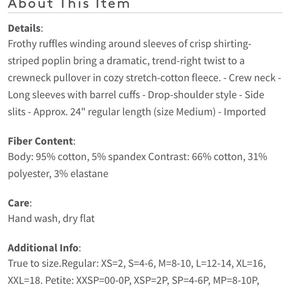 Halogen Striped Ruffle Poplin Sleeve Sweatshirt XS - Picture 4 of 8